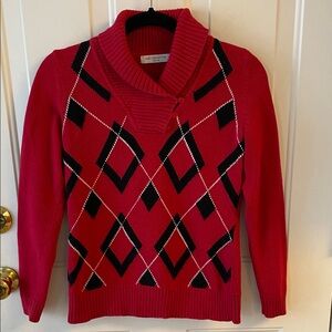 Liz Claiborne Red and Black Argyle Cowl Neck Sweater Size PS
